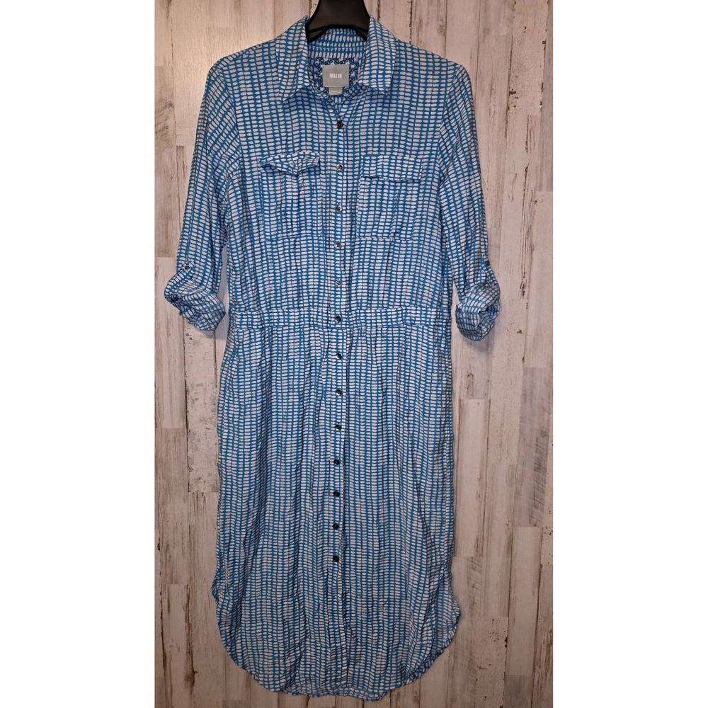 Anthropologie Maeve 6 Button Shirt Midi Dress Long Tab sleeve Scrunch waist